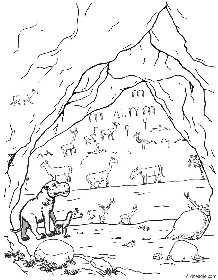 (Ice Age) A cave wall with ancient drawings and animals