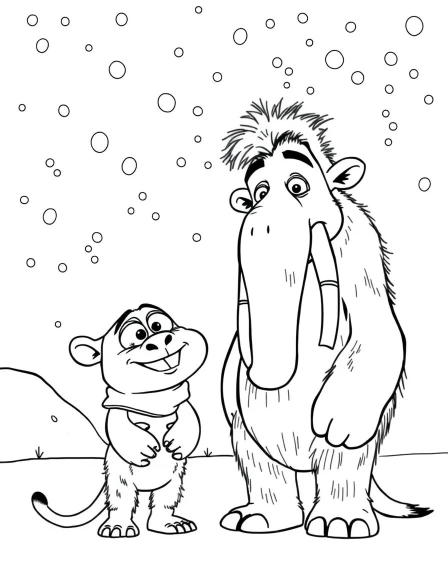 (Ice Age) Manny and Ellie standing together under falling snow