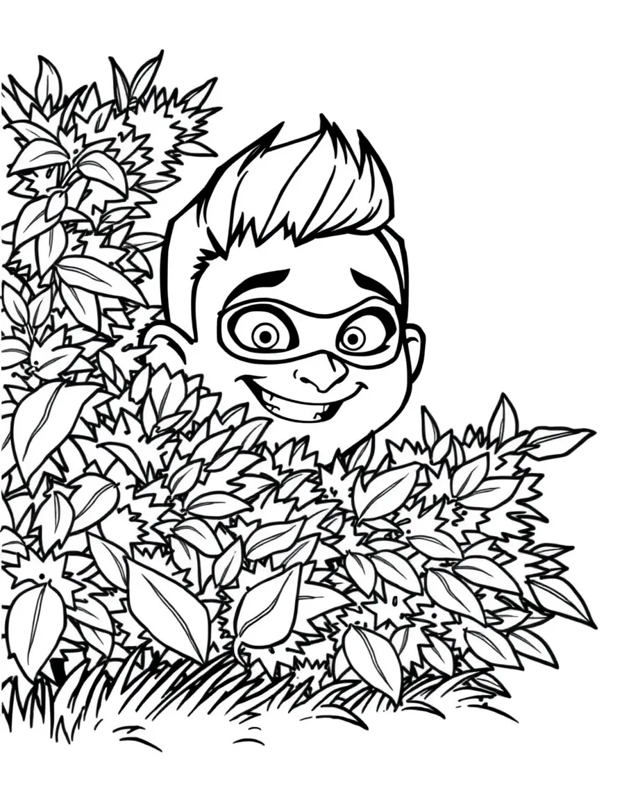 (The Incredibles) Dash hiding behind a bush with a mischievous smile