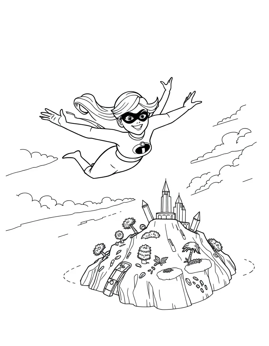 (The Incredibles) Helen flying a jet over an island