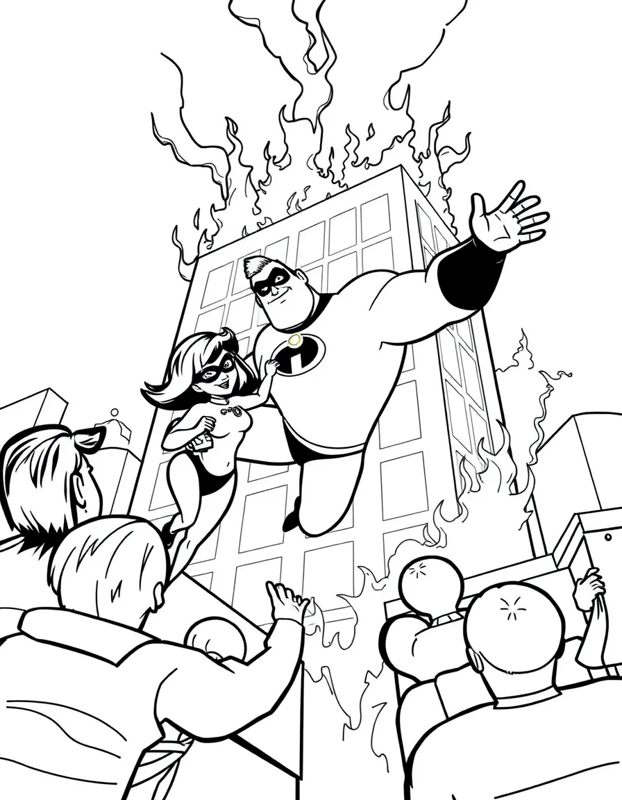 (The Incredibles) The Incredibles saving people from a burning building