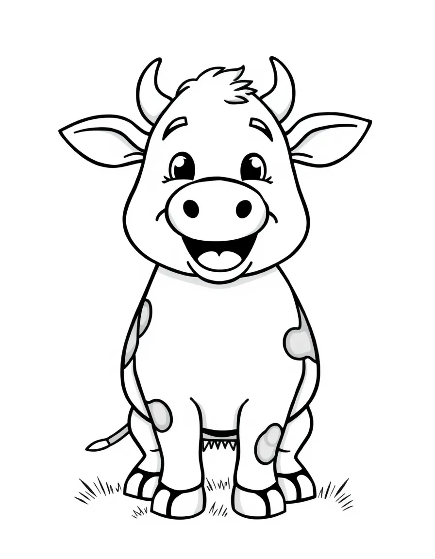 Cheerful cartoon cow coloring page