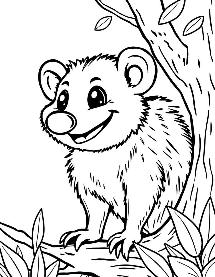 Cheerful cartoon opossum coloring page