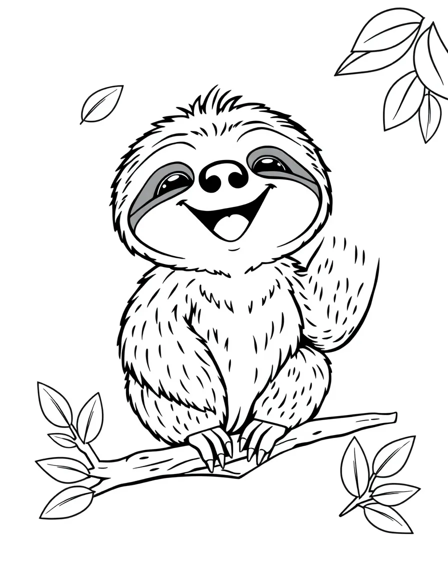 Cheerful cartoon sloth coloring page