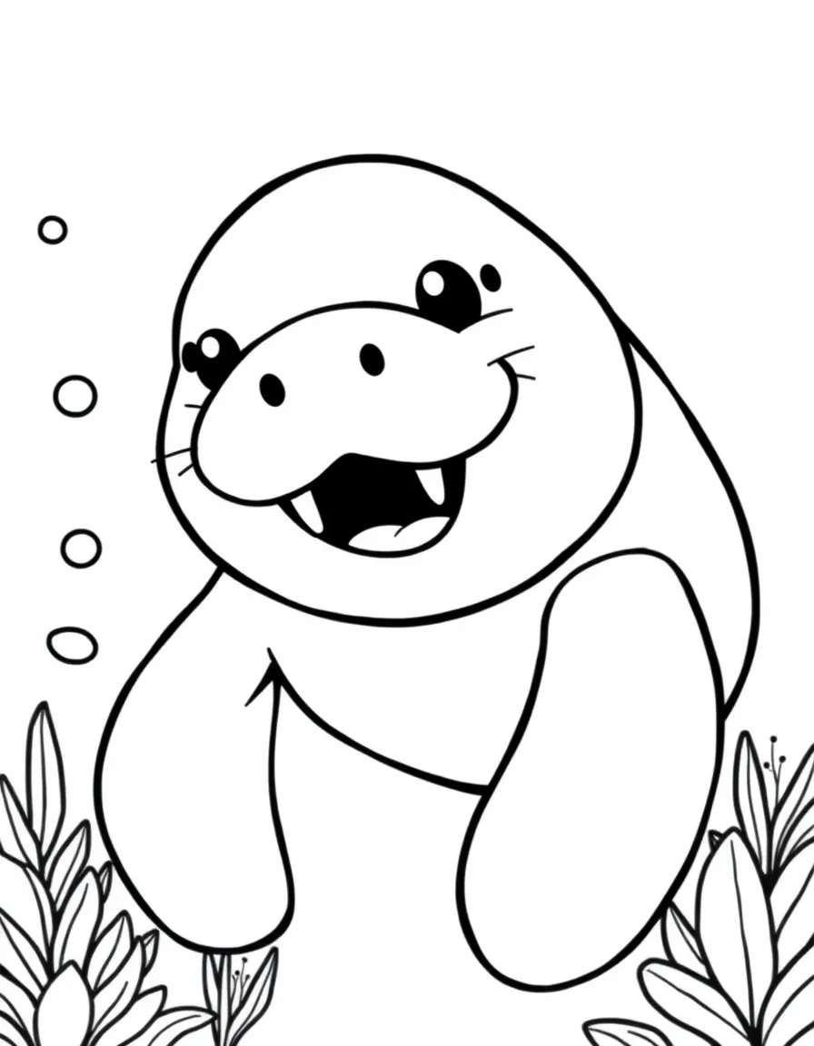 Cheerful cartoon manatee coloring page