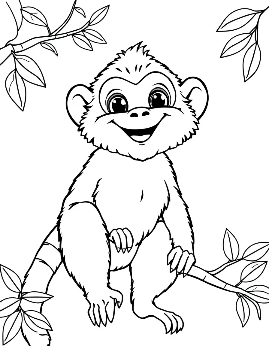 Cheerful cartoon gibbon coloring page
