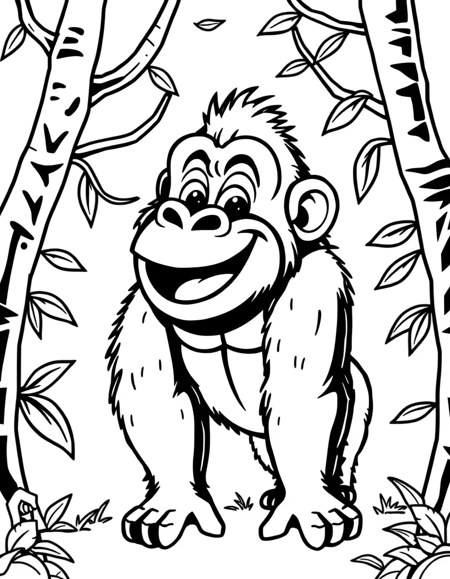 Cheerful cartoon gorilla coloring page