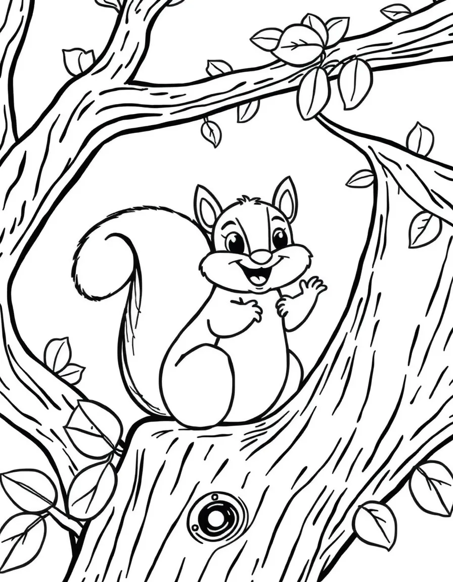 Cheerful cartoon tree squirrel coloring page
