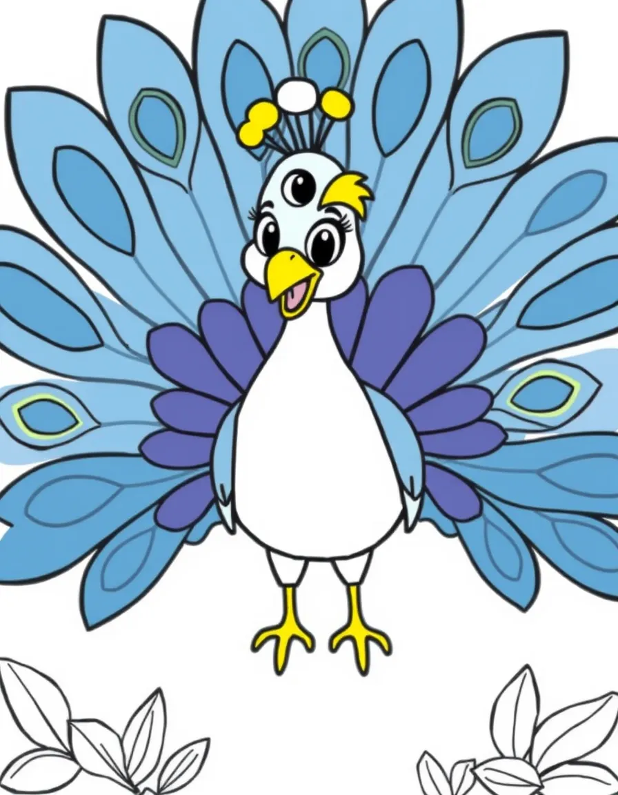 Cheerful cartoon peacock coloring page
