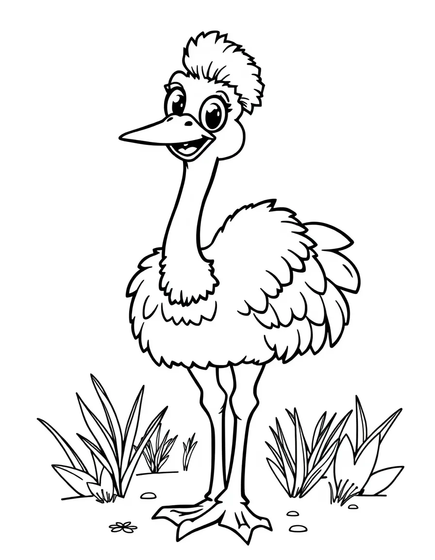 Cheerful cartoon ostrich coloring page