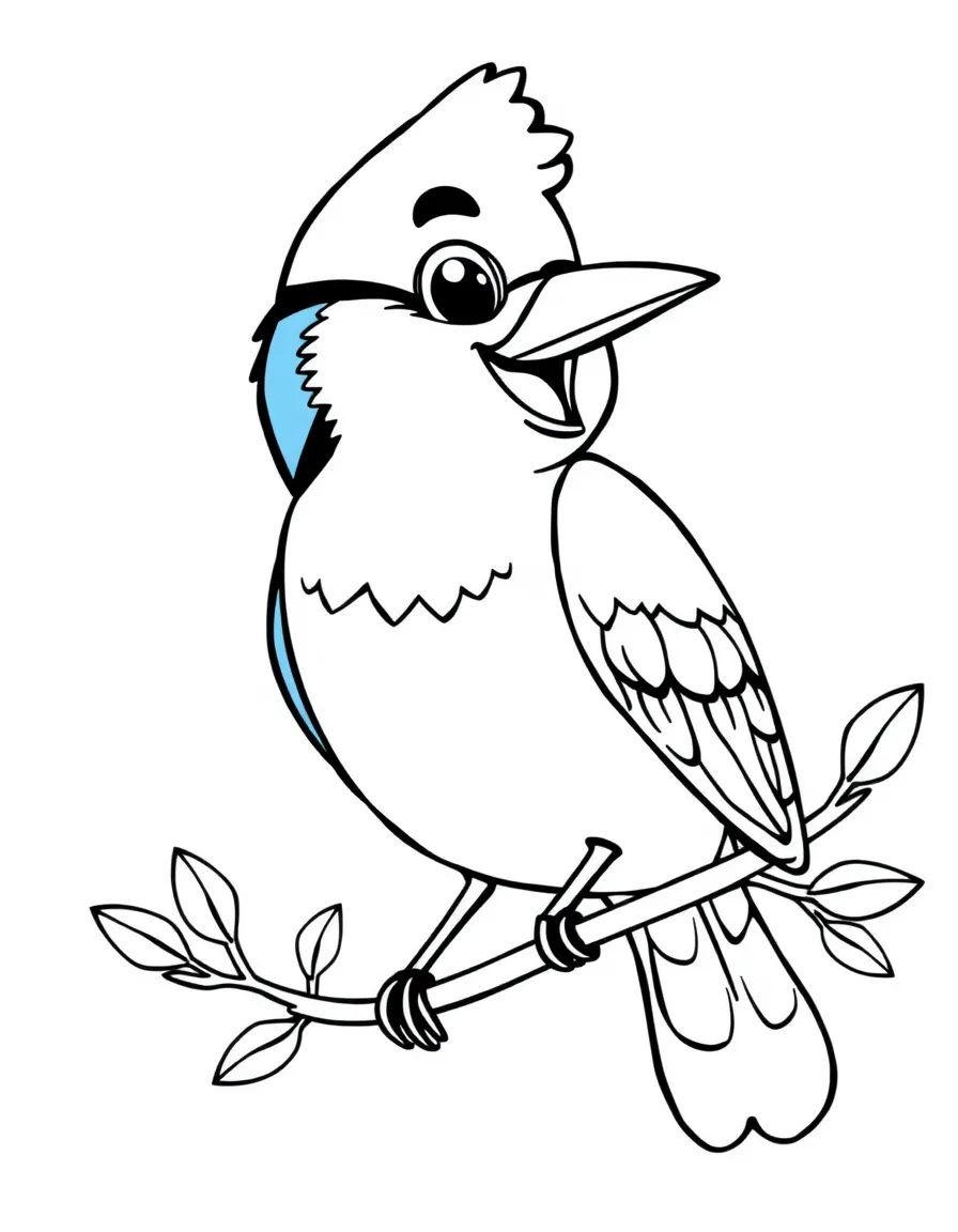 Cheerful cartoon blue jay coloring page
