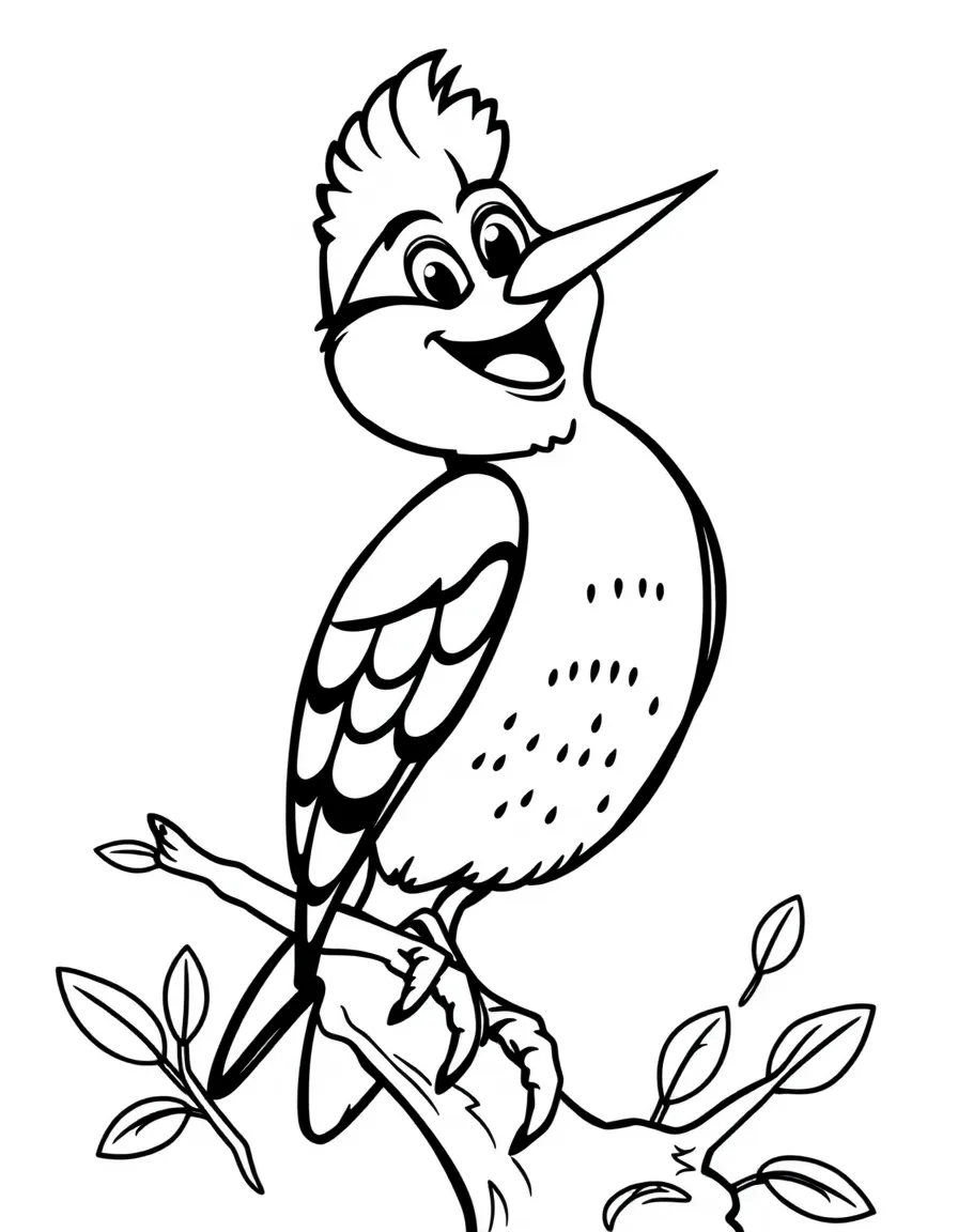 Cheerful cartoon woodpecker coloring page