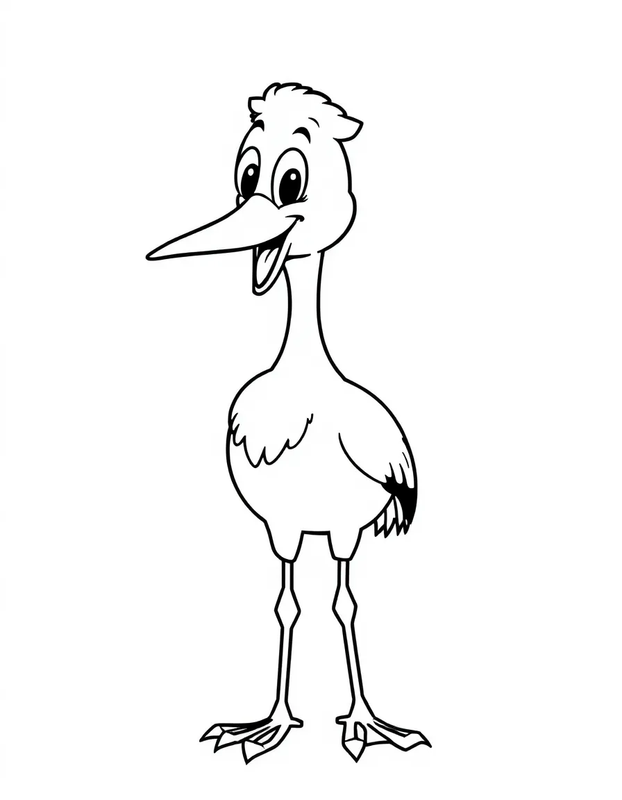 Cheerful cartoon stork coloring page
