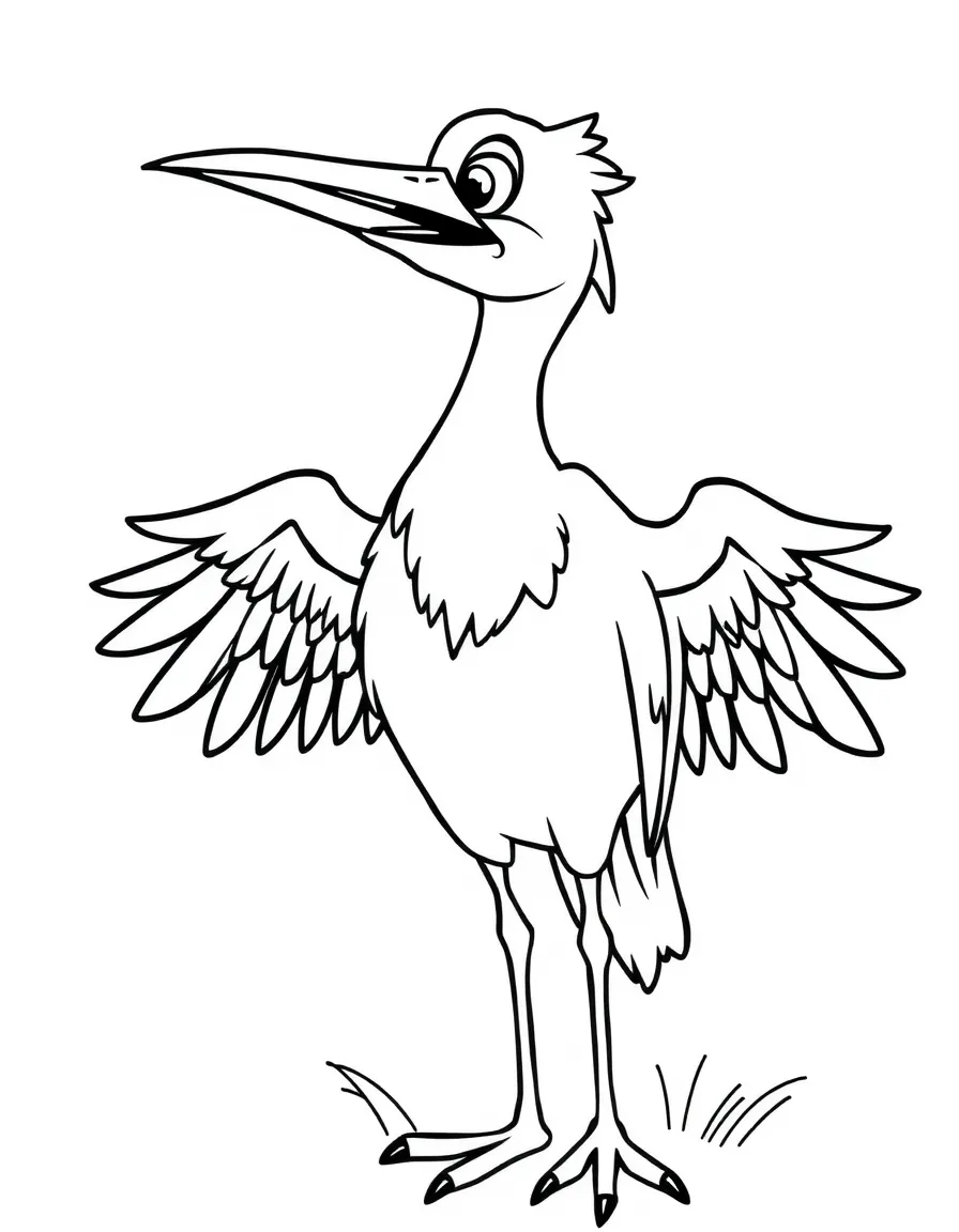 Cheerful cartoon heron coloring page