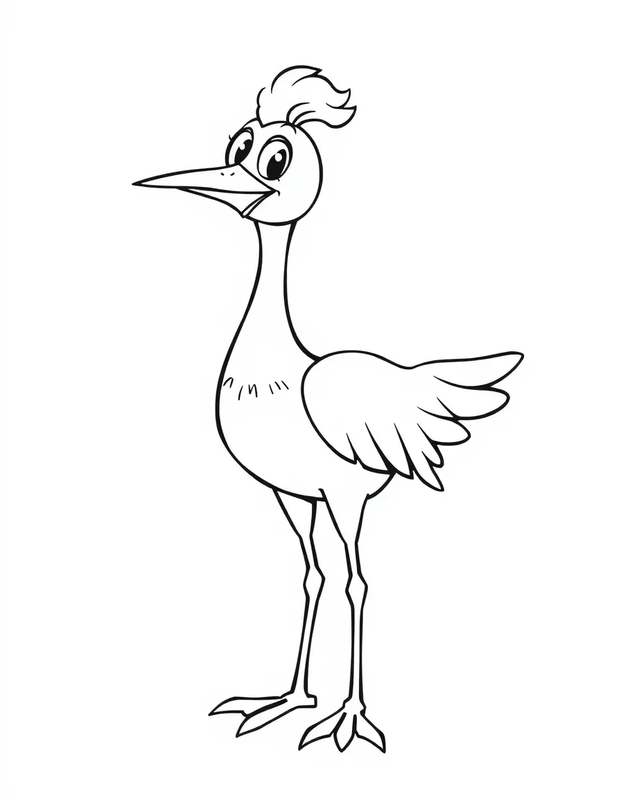 Cheerful cartoon crane coloring page
