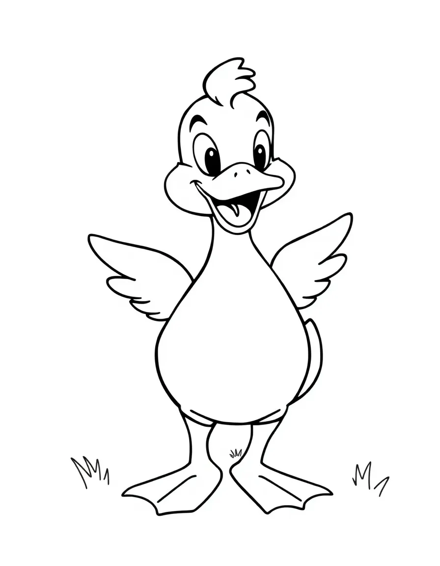 Cheerful cartoon duck coloring page