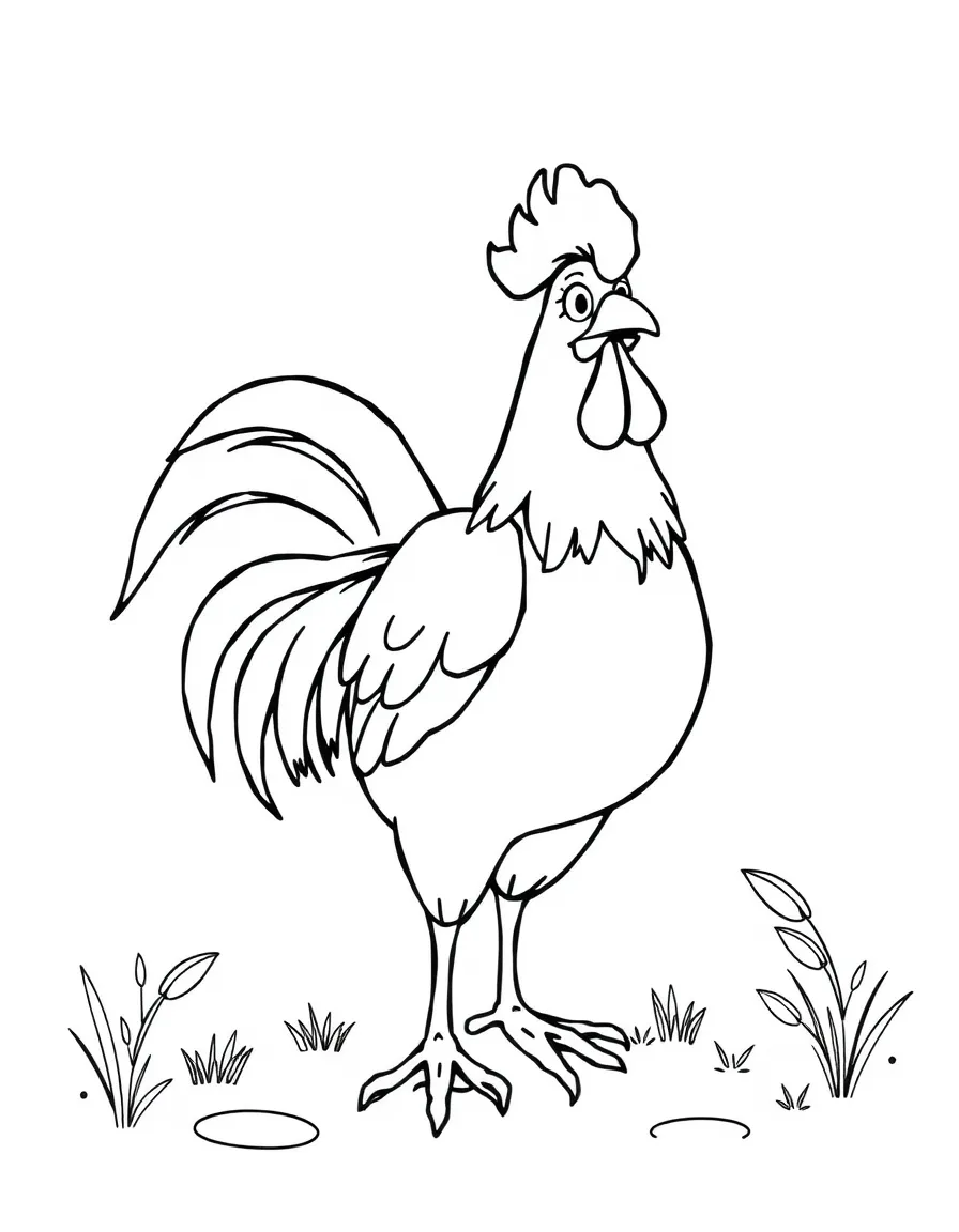 Cheerful cartoon rooster coloring page