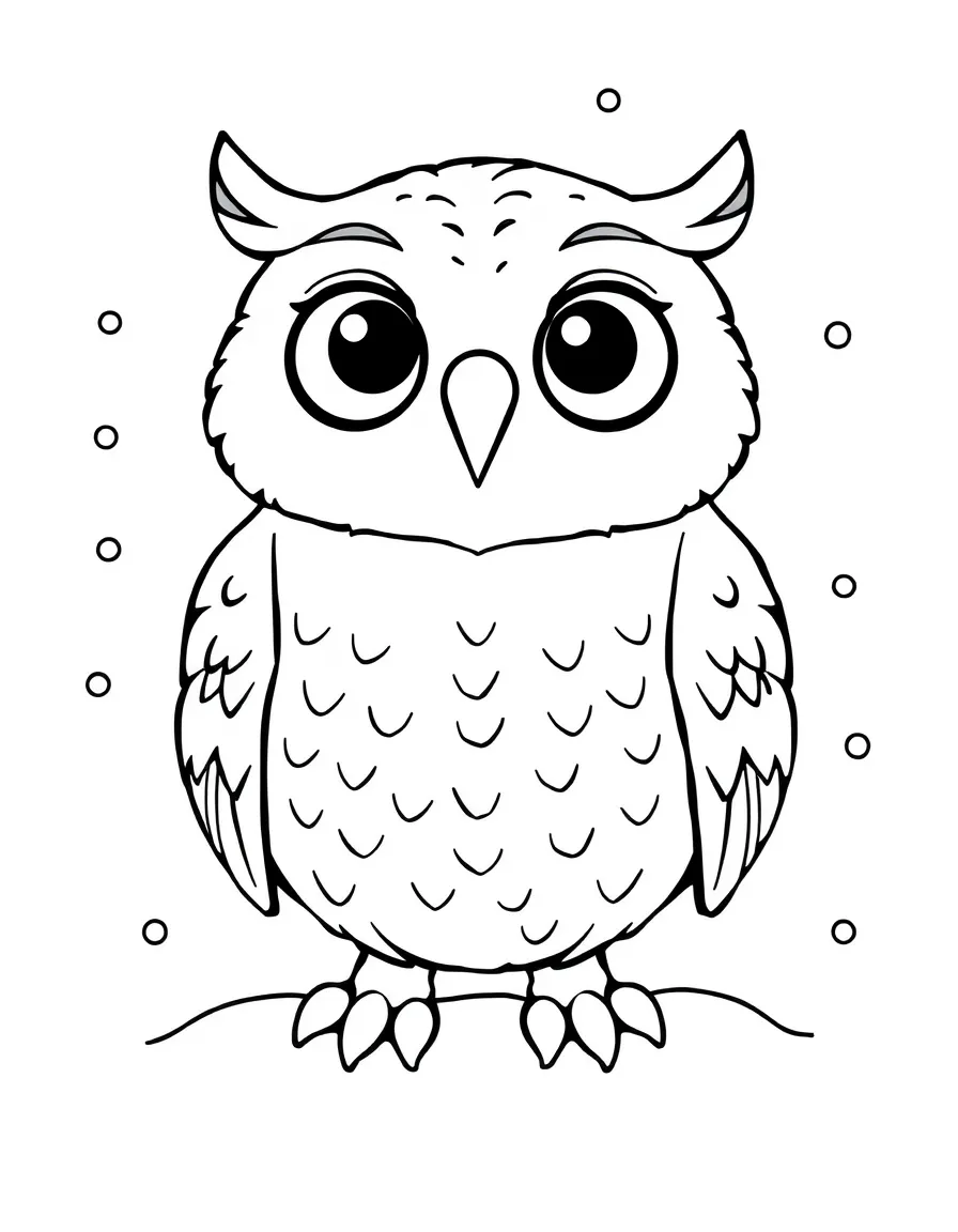 Cheerful cartoon snowy owl coloring page