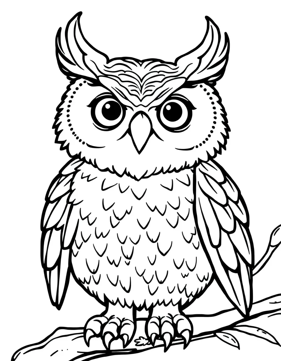 Cheerful cartoon great horned owl coloring page