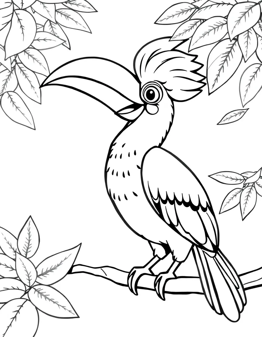 Cheerful cartoon hornbill coloring page