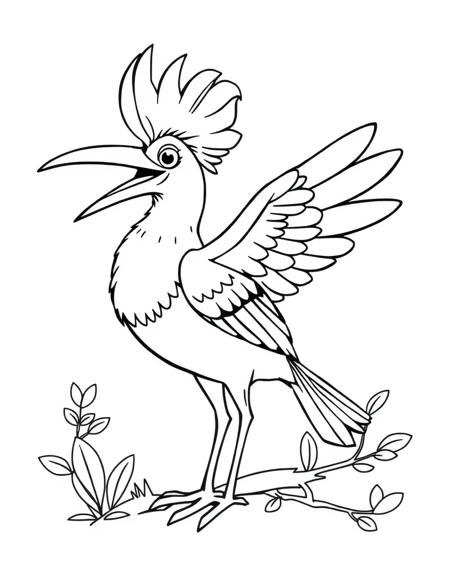 Cheerful cartoon hoopoe coloring page