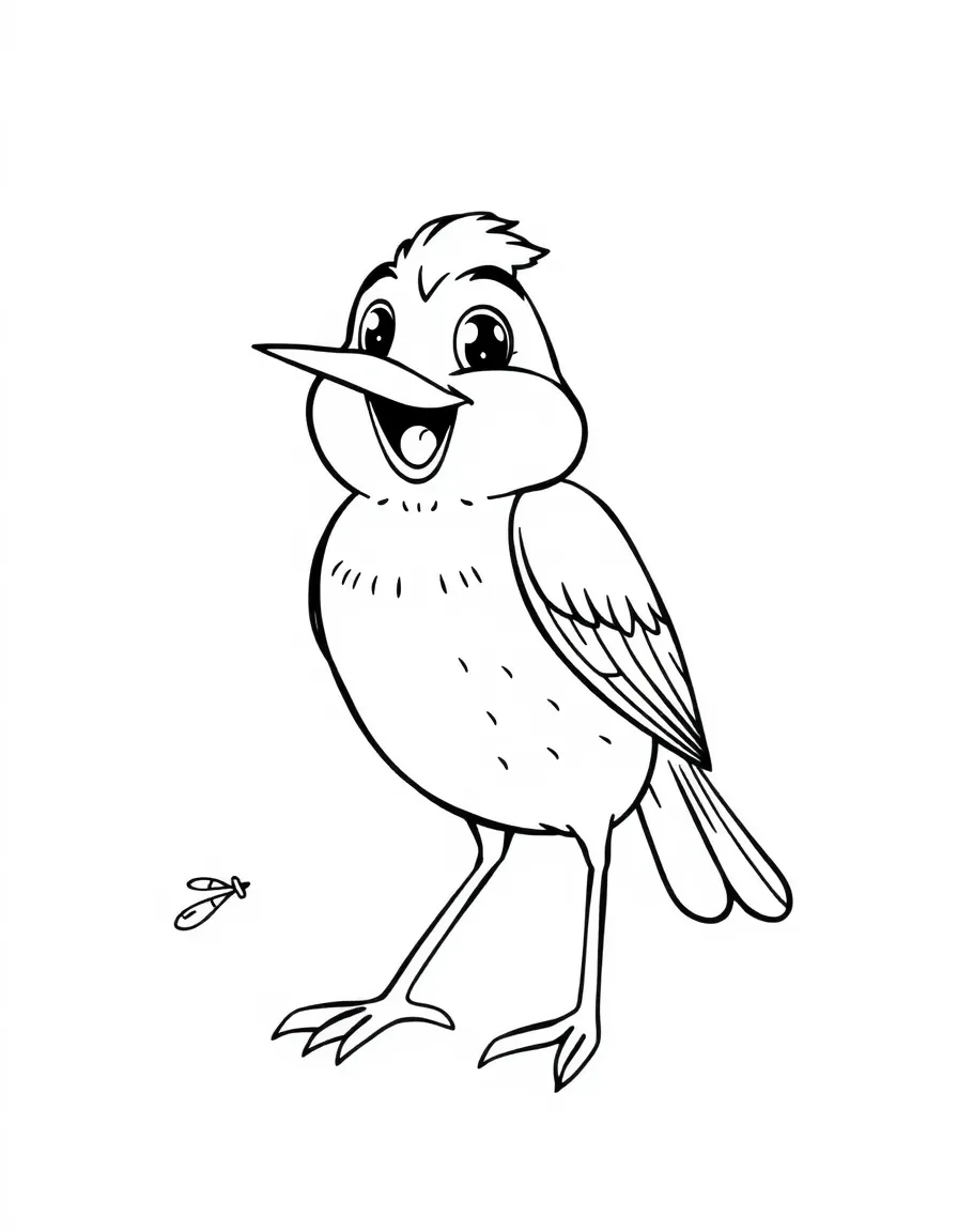 Cheerful cartoon wren coloring page