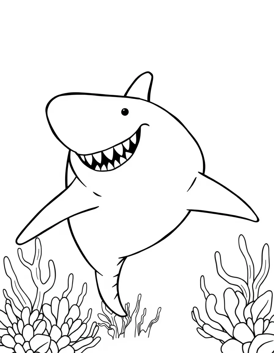 Cheerful cartoon great white shark coloring page