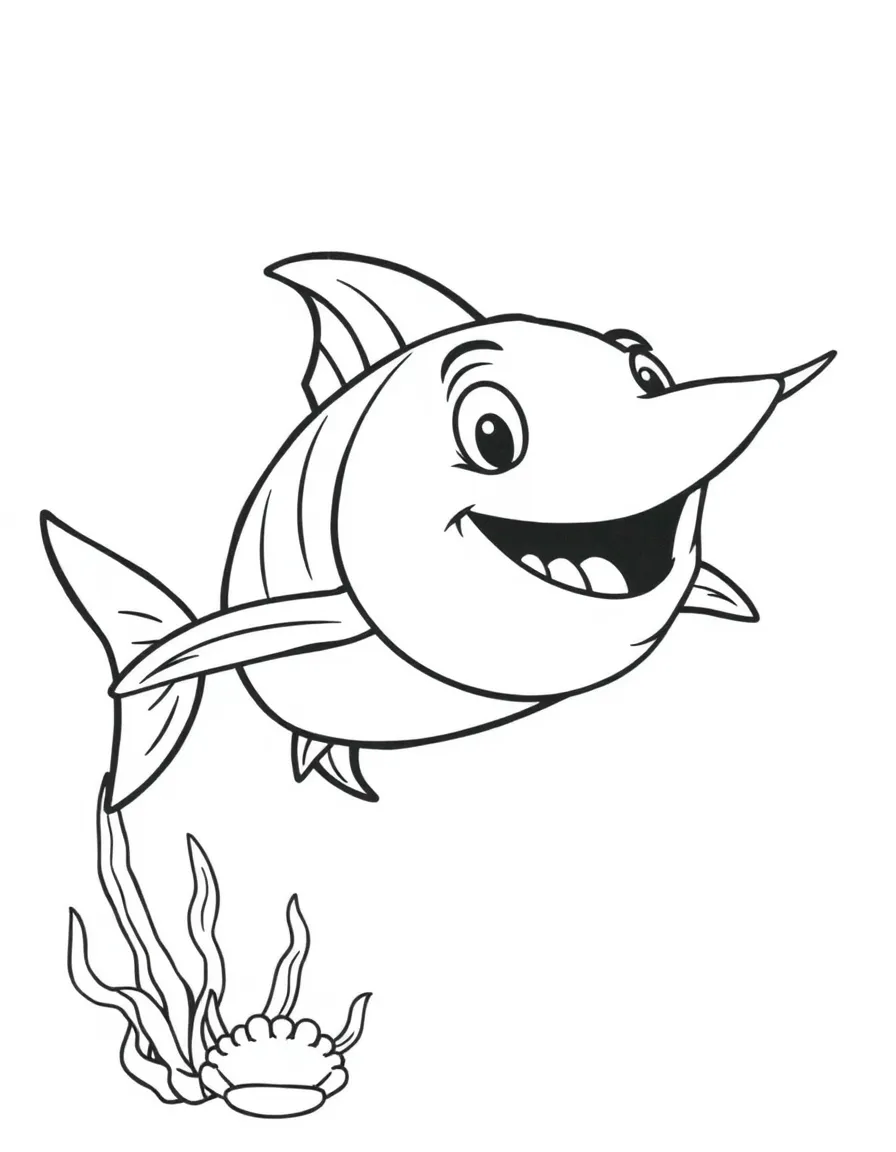Cheerful cartoon swordfish coloring page