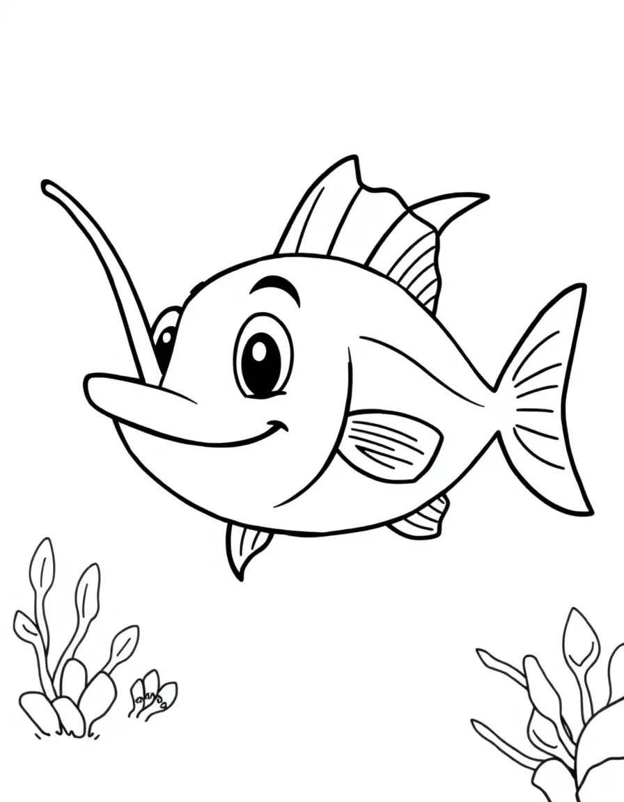 Cheerful cartoon sailfish coloring page