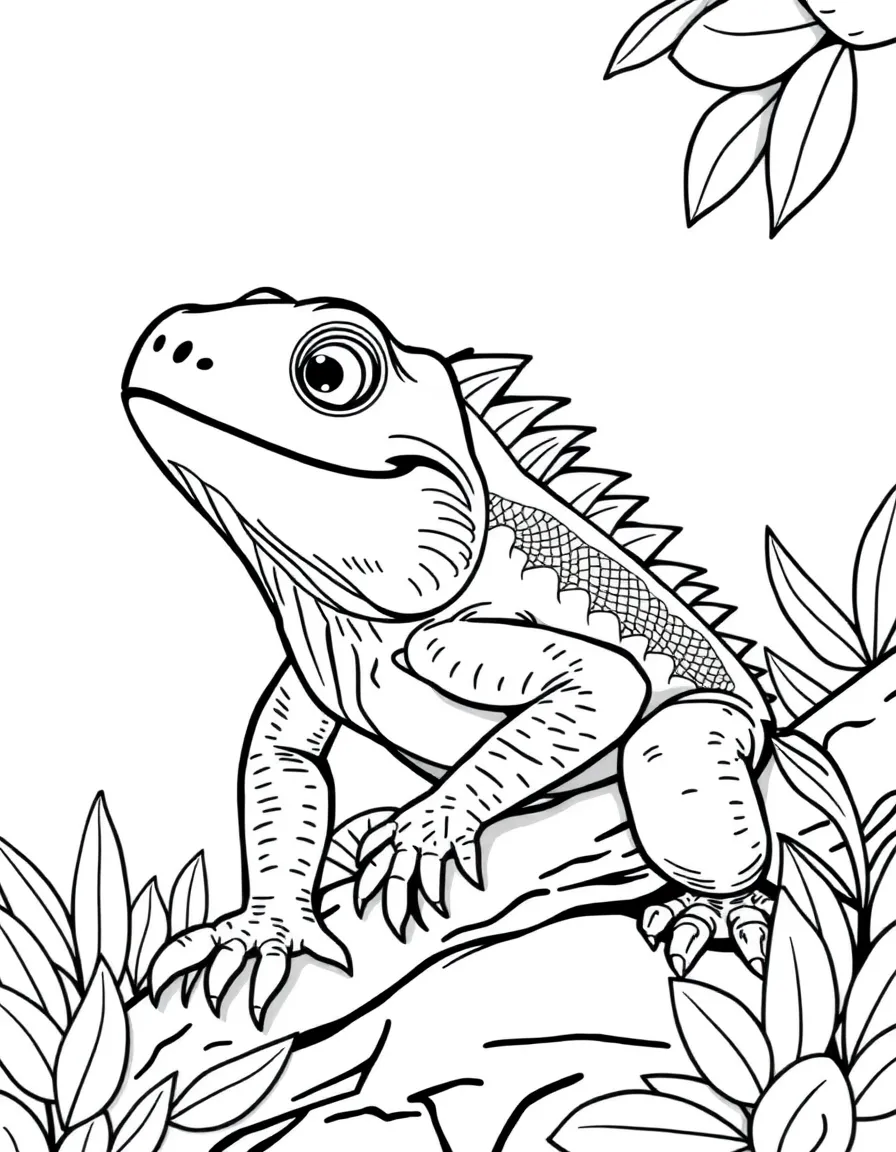 Cheerful cartoon iguana coloring page