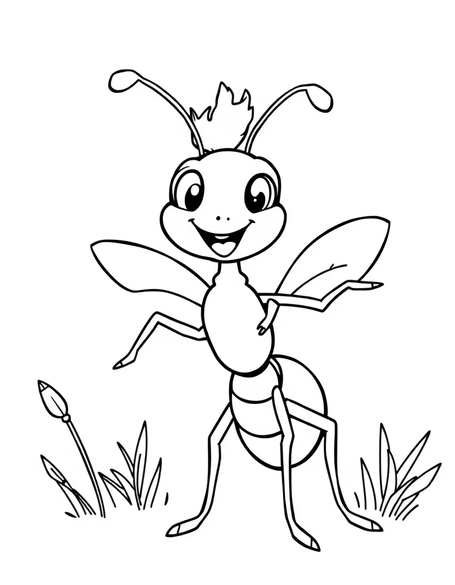 Cheerful cartoon fire ant coloring page