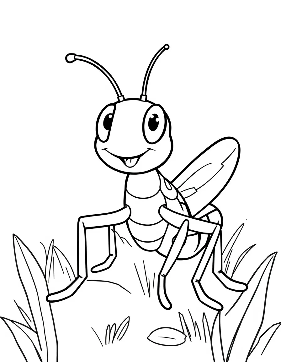 Cheerful cartoon grasshopper coloring page