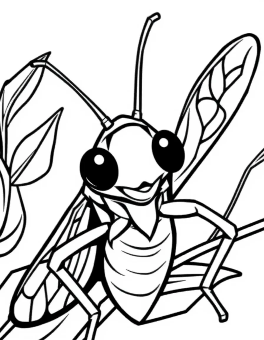 Cheerful cartoon katydid coloring page
