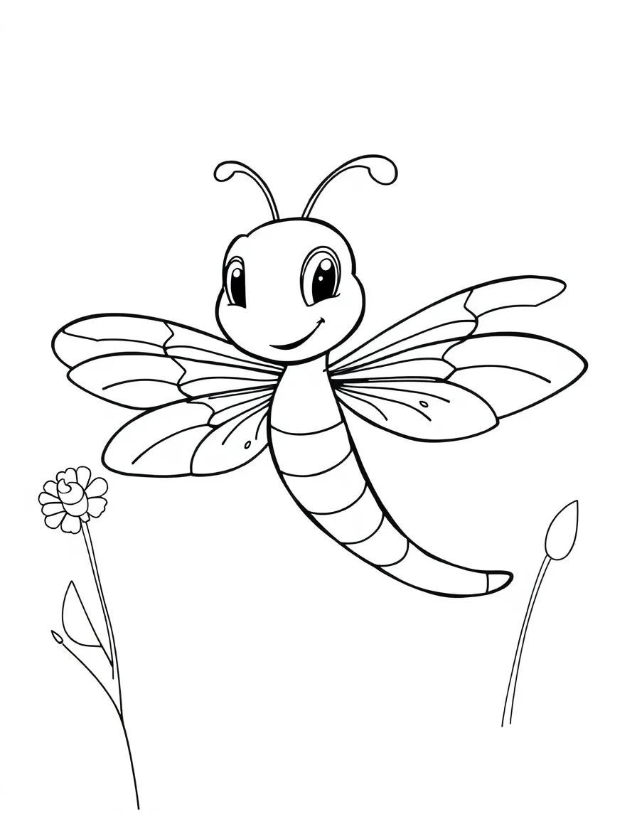Cheerful cartoon dragonfly coloring page