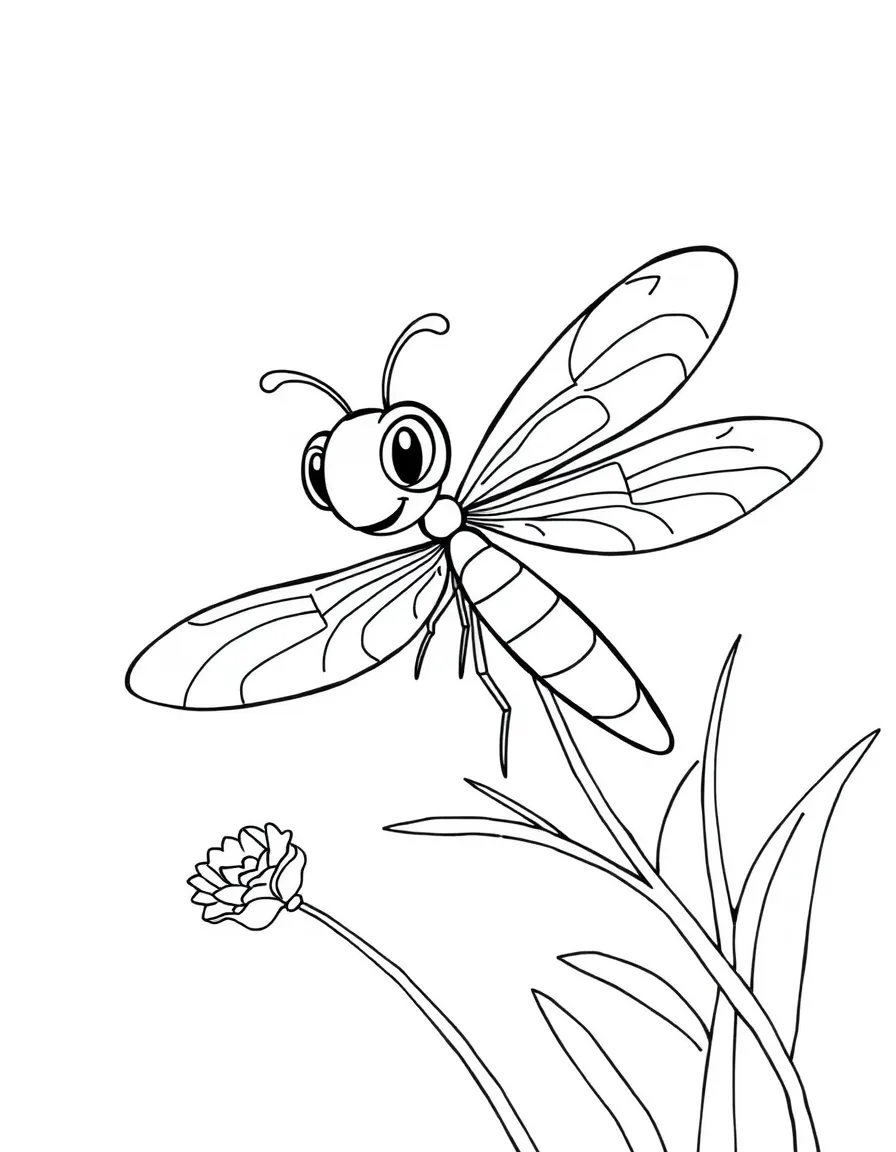 Cheerful cartoon damselfly coloring page
