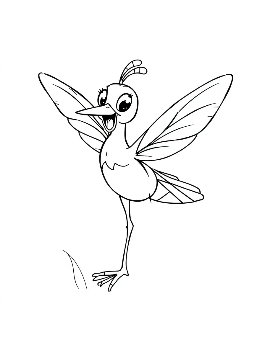Cheerful cartoon crane fly coloring page