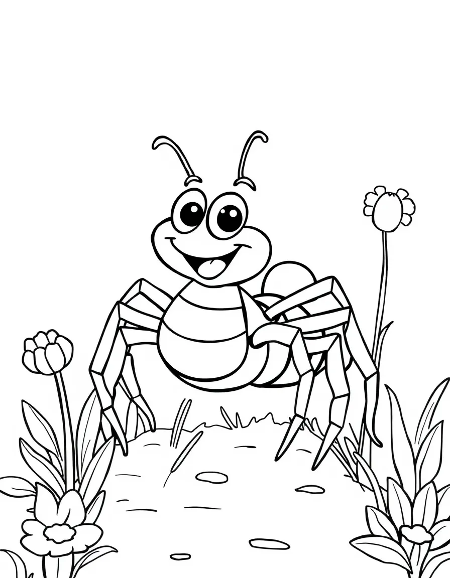 Cheerful cartoon garden spider coloring page