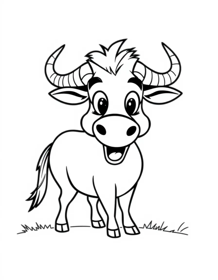 Cheerful cartoon wildebeest coloring page