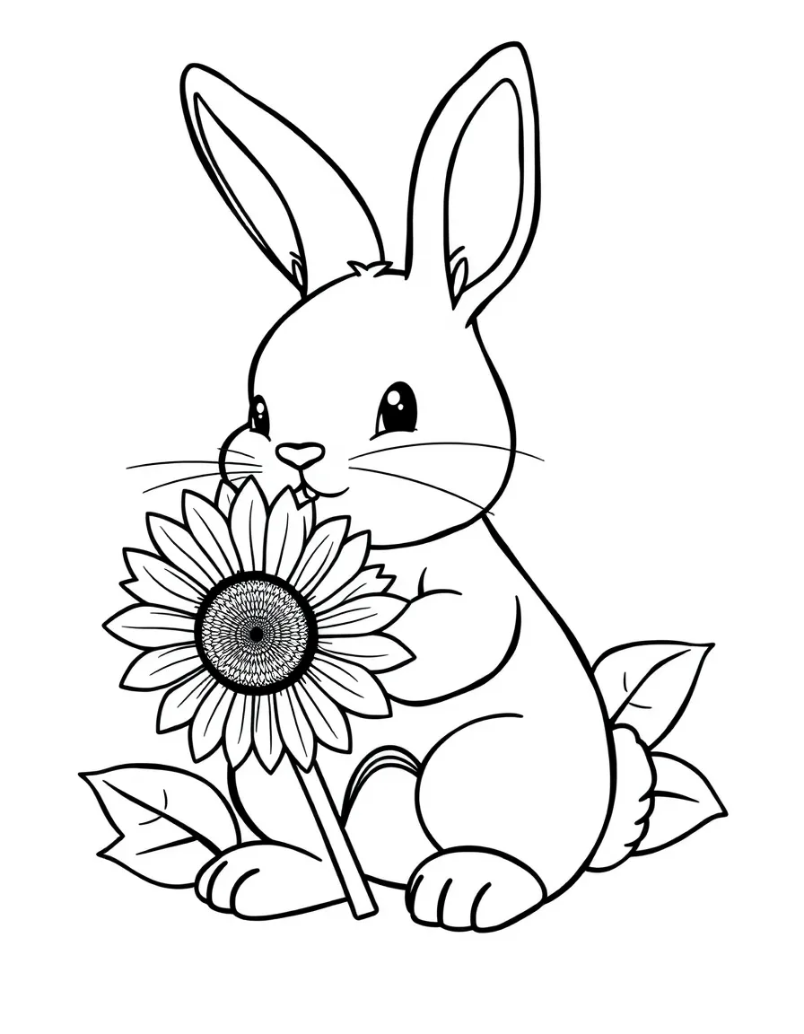 cute bunny holding sunflower coloring page