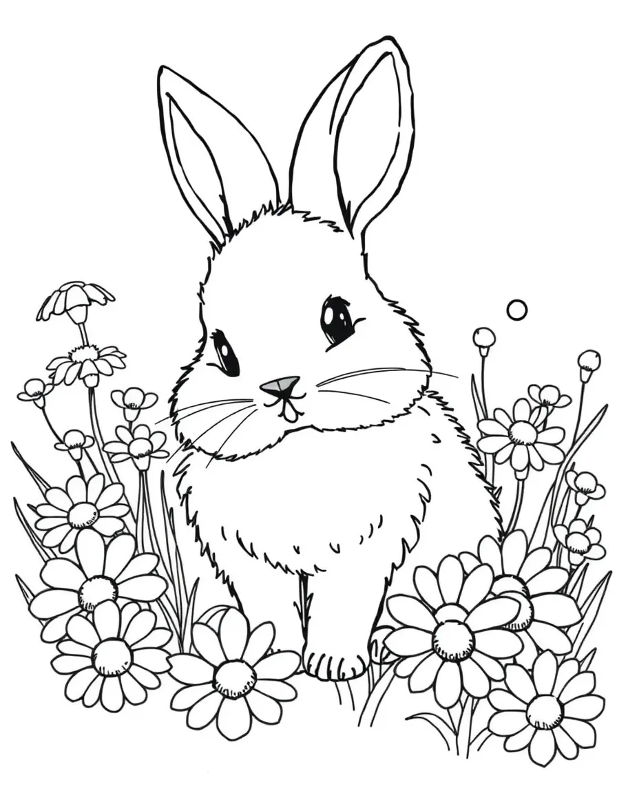 fluffy rabbit surrounded by daisies coloring page