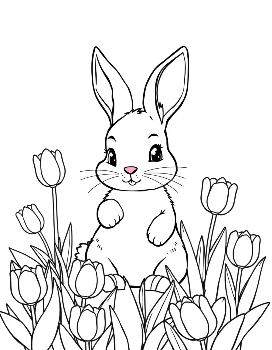 baby bunny with tulip garden coloring page
