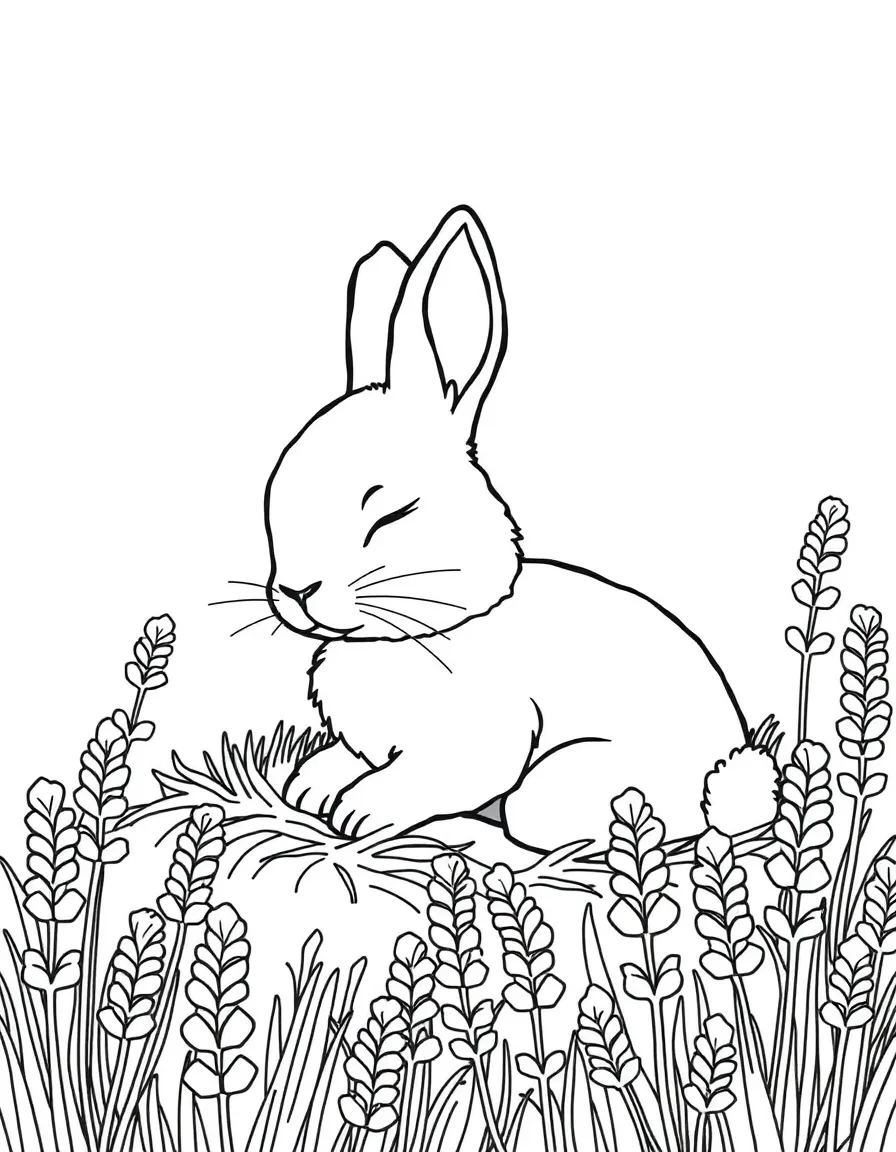 sleepy bunny nestled in lavender field coloring page