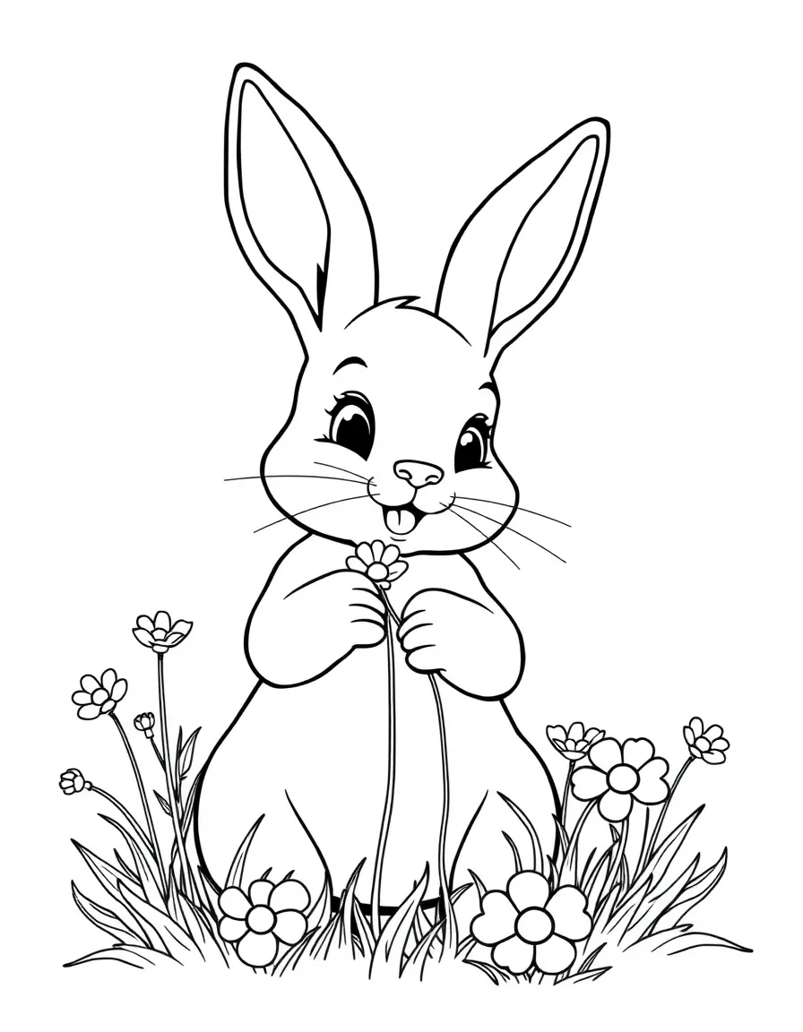 happy rabbit picking wildflowers coloring page