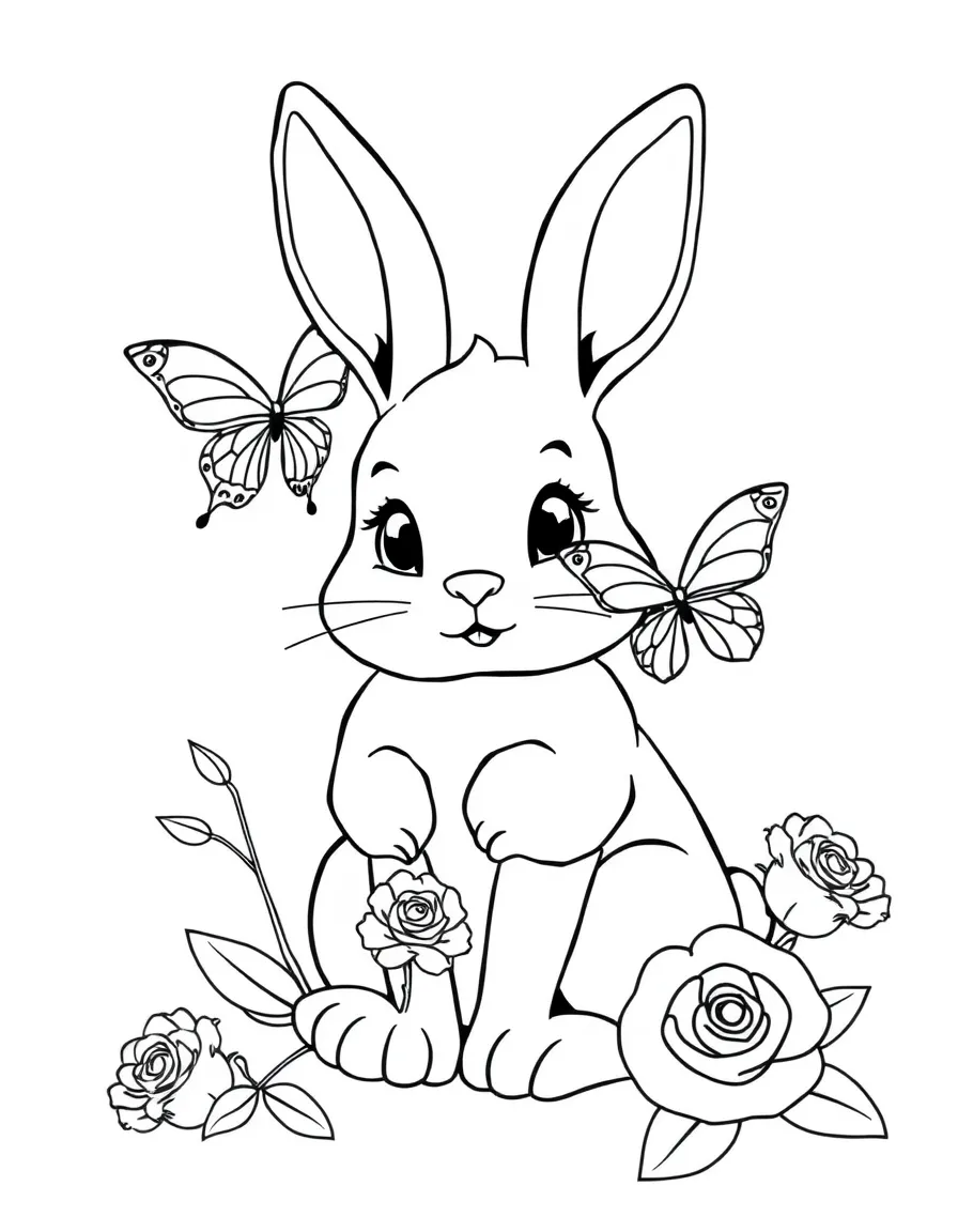 adorable bunny with butterfly and roses coloring page