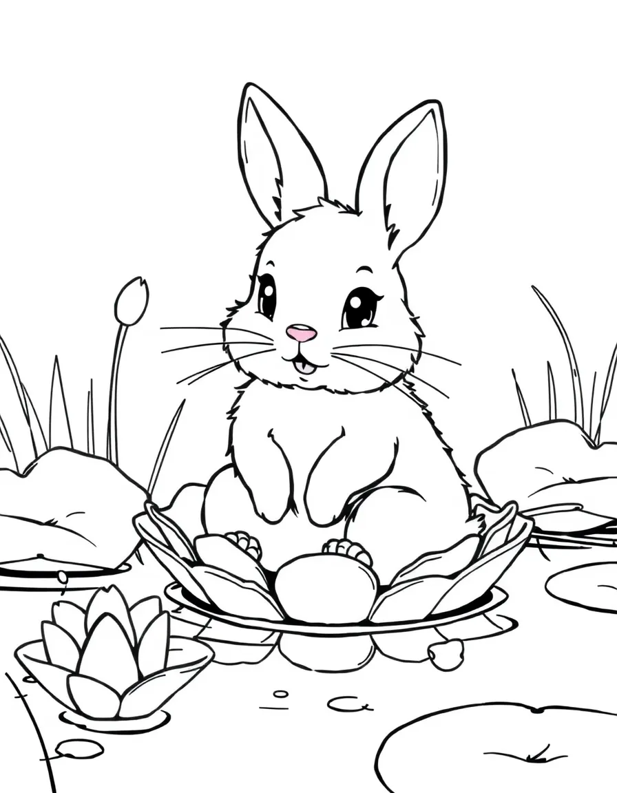 fluffy rabbit sitting in lily pad pond coloring page