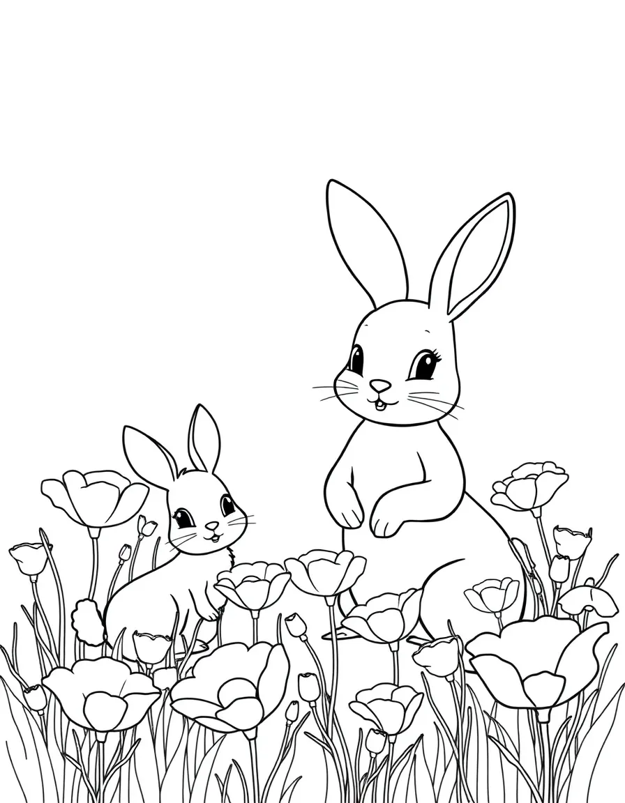 cute bunny family in poppy field coloring page