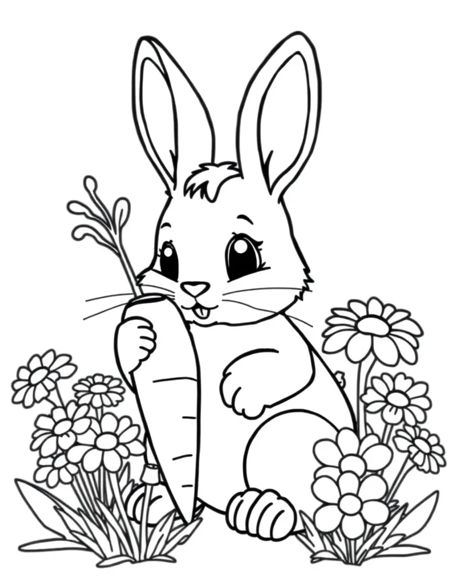 cartoon rabbit with carrot and marigolds coloring page