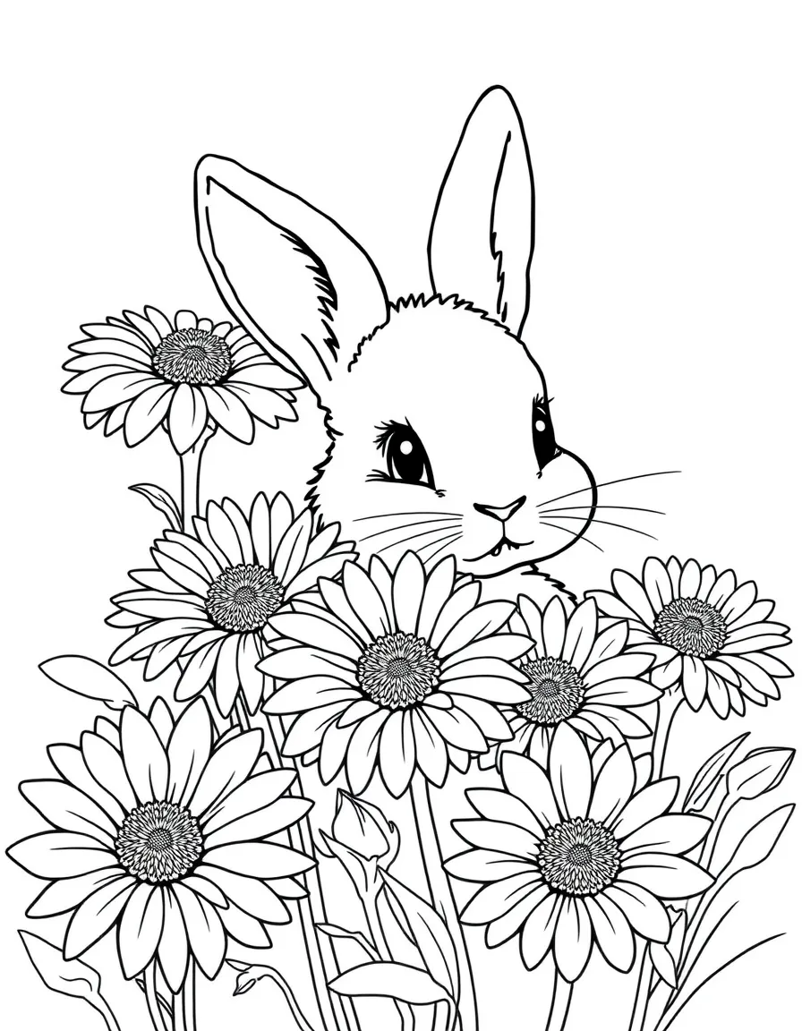 baby bunny hiding behind chrysanthemums coloring page