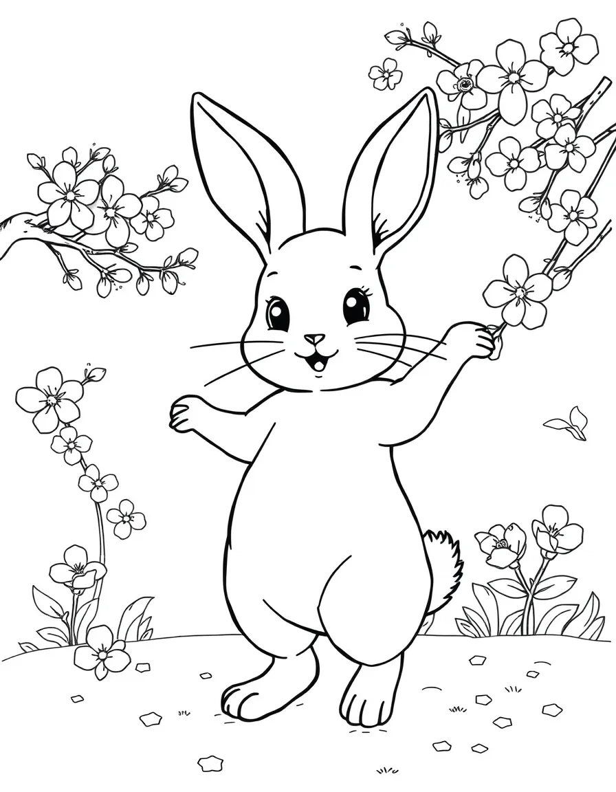adorable rabbit dancing with cherry blossoms coloring page