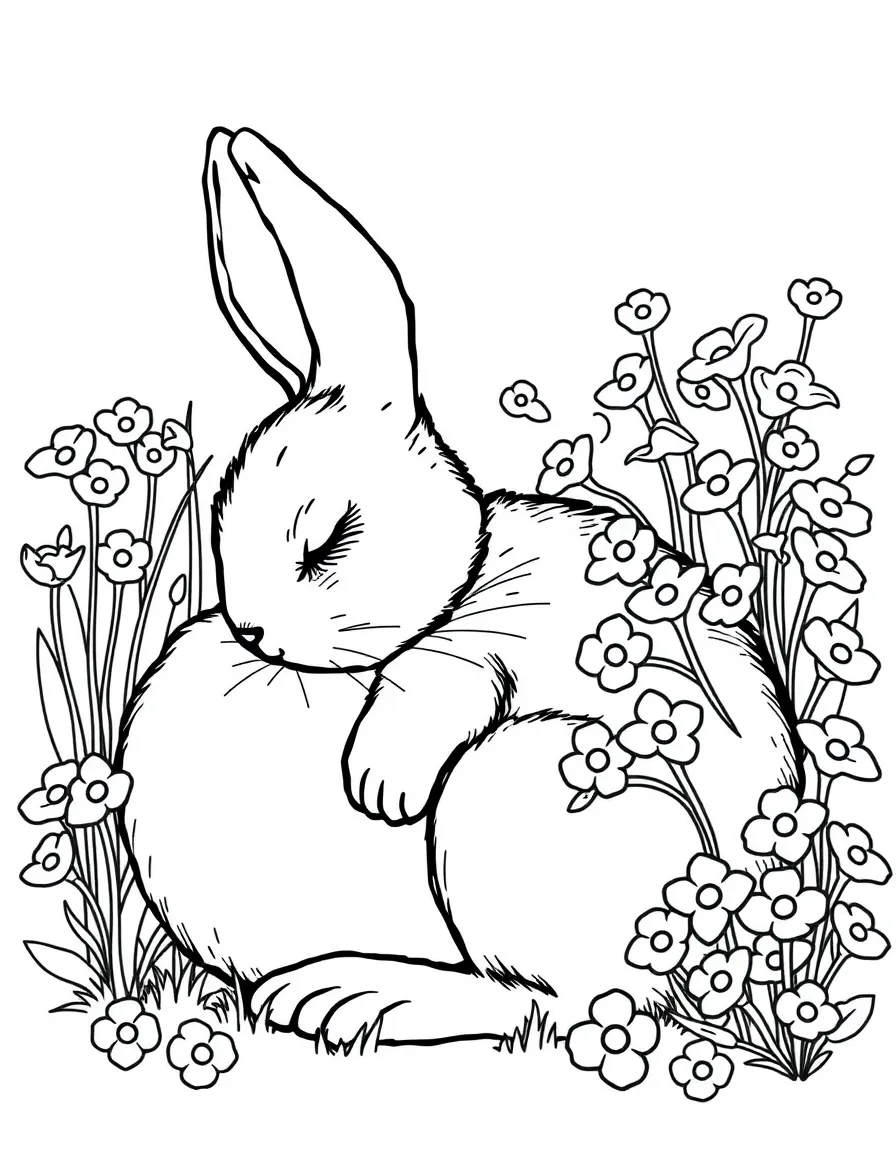 sleepy bunny curled up with forget-me-nots coloring page